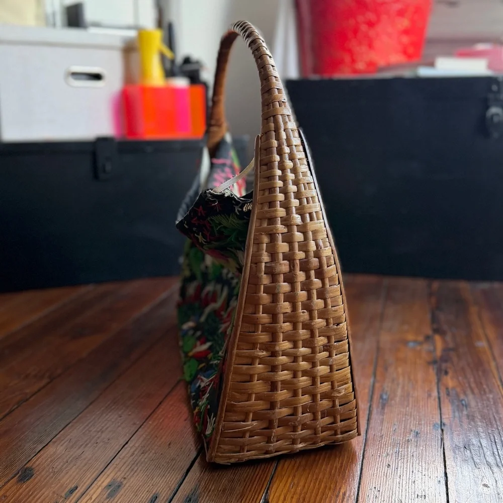 Vintage 70s wicker frame hand embroidered fabric basket tote